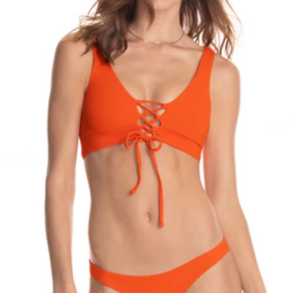 New Becca by Rebecca Virtue Orange Bikini Top Lace Up Size L F